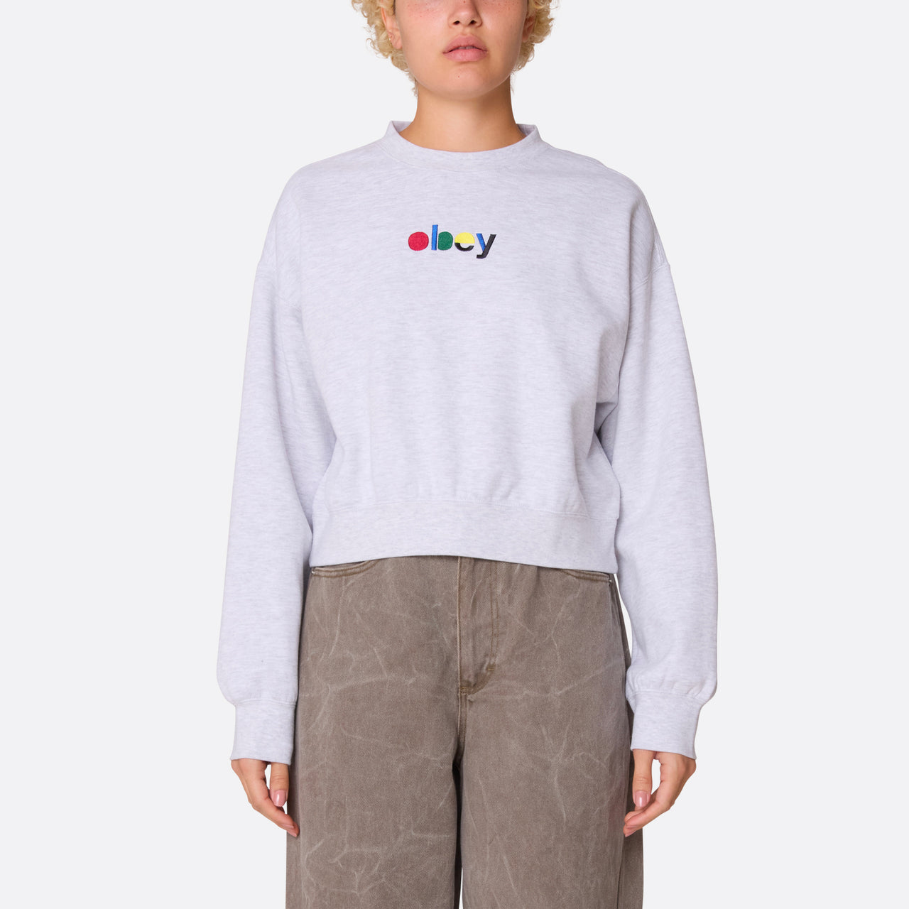 Obey Blocks Cropped Crewneck - Ash Grey