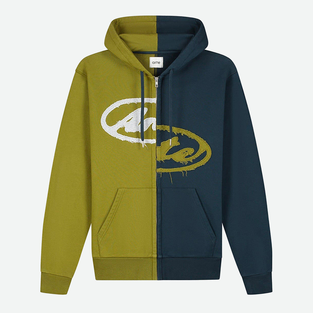 Arte Split Patch Zip Hoodie - Green / Navy - M