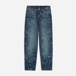 Patta Leaves Laser Print Denim Pants - Blue Denim