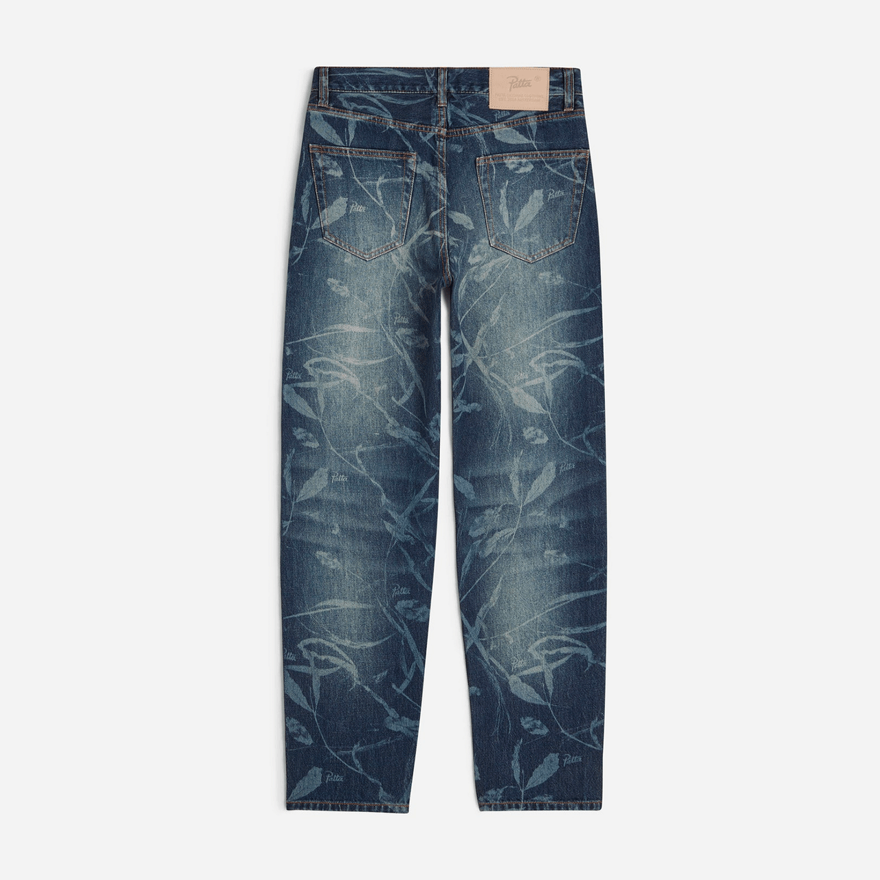 Patta Leaves Laser Print Denim Pants - Blue Denim